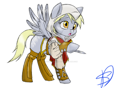 Size: 1024x749 | Tagged: safe, artist:renniksarts, derpy hooves, pegasus, pony, g4, assassin's creed, boots, bracer, clothes, crossover, cutie mark, female, hidden blade, hood, hoof blades, hoof boots, mare, open mouth, shirt, shoes, simple background, solo, spread wings, watermark, white background, wings