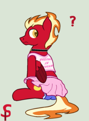 Size: 635x866 | Tagged: safe, artist:peregrinstaraptor, oc, oc only, oc:sunfyre, pegasus, pony, cheerleader outfit, clothes, crossdressing, male, panties, simple background, sitting, solo, sports bra, stallion, underwear