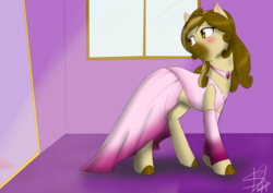Size: 4092x2893 | Tagged: safe, artist:renniksarts, oc, oc only, oc:hearts blessing, earth pony, pony, blushing, clothes, commission, dress, female, jewelry, leggings, mare, mirror, necklace, solo