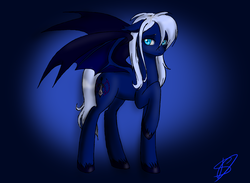 Size: 1400x1024 | Tagged: safe, artist:renniksarts, oc, oc only, bat pony, pony, bat pony oc, cutie mark, female, floppy ears, gradient background, looking at you, mare, solo, spread wings, white hair, wings