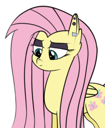 Size: 1082x1325 | Tagged: safe, artist:shobieshy, fluttershy, pegasus, pony, fake it 'til you make it, cutie mark, ear fluff, ear piercing, eyebrows, eyelashes, eyeshadow, female, flat colors, fluttergoth, looking down, makeup, piercing, simple background, solo, transparent background, unamused