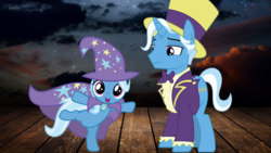 Size: 1920x1080 | Tagged: safe, artist:slb94, artist:sonofaskywalker, edit, jack pot, trixie, g4, grannies gone wild, cute, diatrixes, duo, father and daughter, female, filly, filly trixie, like father like daughter, like parent like child, male, stage, younger