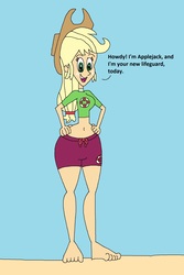 Size: 1505x2249 | Tagged: safe, artist:hunterxcolleen, applejack, equestria girls, g4, my little pony equestria girls: better together, turf war, barefoot, beach, belly button, blue background, clothes, dialogue, feet, female, midriff, shirt, shorts, simple background, solo, swimming trunks, swimsuit, talking