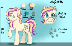 Size: 1600x1024 | Tagged: safe, artist:renniksarts, oc, oc only, oc:allycat blu, earth pony, pony, alternative cutie mark placement, cutie mark, female, mare, paw prints, raised leg, reference sheet, smiling, solo