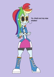 Size: 1377x1953 | Tagged: safe, artist:hunterxcolleen, rainbow dash, human, equestria girls, g4, cool, crossed arms, dialogue, female, humanized, purple background, simple background, solo, sunglasses, talking