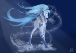 Size: 1024x724 | Tagged: safe, artist:renniksarts, pony, unicorn, abstract background, blank flank, clothes, crepuscular rays, crossover, curved horn, female, final fantasy, horn, ice, leggings, magic, mare, ponified, shiva, solo, unshorn fetlocks, watermark