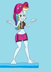 Size: 1601x2289 | Tagged: safe, artist:hunterxcolleen, rainbow dash, equestria girls, g4, my little pony equestria girls: better together, barefoot, belly button, bikini, bikini top, blue background, cap, clothes, cool, diving board, feet, female, hat, humanized, midriff, rainbow dash's beach shorts swimsuit, shorts, simple background, solo, swimming trunks, swimsuit