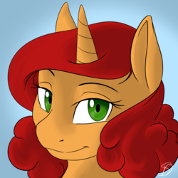 Size: 5846x5846 | Tagged: safe, artist:renniksarts, oc, oc only, oc:keyframe, pony, unicorn, abstract background, absurd resolution, bust, commission, female, lidded eyes, looking at you, mare, red hair, solo