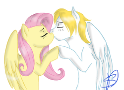 Size: 1400x1024 | Tagged: safe, artist:renniksarts, fluttershy, oc, pegasus, pony, g4, blushing, canon x oc, commission, eyes closed, female, kissing, male, mare, shipping, simple background, stallion, straight, white background