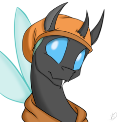 Size: 5846x5846 | Tagged: safe, artist:renniksarts, oc, oc only, oc:sketchy bughorse, changeling, absurd resolution, beanie, changeling oc, clothes, commission, fangs, hat, holeless, hoodie, simple background, solo, spread wings, transparent background