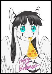 Size: 4960x7015 | Tagged: safe, artist:renniksarts, oc, oc only, pony, zebra, zebrasus, abstract background, absurd resolution, eating, female, food, heart eyes, mare, meat, pepperoni, pepperoni pizza, pizza, solo, wide eyes, wingding eyes, wings, zebra oc