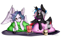 Size: 1023x619 | Tagged: safe, artist:erinartista, artist:ohflaming-rainbow, oc, oc only, oc:flaming rainbow, oc:shylu, alicorn, pegasus, pony, coca-cola, coffee, female, food, mare, pillow, popcorn, simple background, transparent background