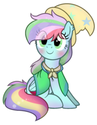 Size: 1024x1310 | Tagged: safe, artist:xmelodyskyx, oc, oc only, oc:pastel magic, pegasus, pony, base used, blushing, cape, clothes, female, hat, mare, simple background, sitting, solo, transparent background