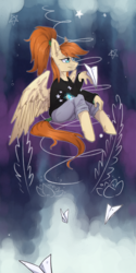 Size: 1000x2000 | Tagged: safe, artist:lonerdemiurge_nail, oc, oc only, pegasus, anthro, clothes, female, mare, night, pants, paper airplane, solo, sweater