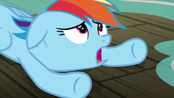 Size: 1280x720 | Tagged: safe, screencap, rainbow dash, pegasus, pony, g4, grannies gone wild, female, floppy ears, mare, open mouth, solo