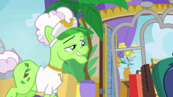 Size: 800x450 | Tagged: safe, edit, edited screencap, screencap, auntie applesauce, welcome inn, earth pony, pony, g4, grannies gone wild, animated, bellhop pony, bits, clothes, coin, every day we stray further from god's light, eyes on the prize, female, hat, male, mare, reversed, shirt, stallion, you know for kids