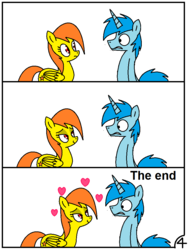 Size: 748x996 | Tagged: safe, artist:pencil bolt, oc, oc:orange terra, pegasus, pony, unicorn, comic:theponyfuture scorpio, comic, female, heart, male, smiling, swallowing, the end, theponyfuture