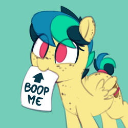 Size: 974x974 | Tagged: safe, artist:shinodage, oc, oc only, oc:apogee, pegasus, pony, body freckles, boop bait, boop request, bronybait, cute, diageetes, eye clipping through hair, female, filly, freckles, green background, mouth hold, no pupils, ocbetes, ponyo, sign, simple background, smiling, solo