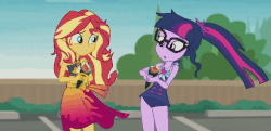Size: 998x482 | Tagged: safe, screencap, sci-twi, sunset shimmer, twilight sparkle, equestria girls, g4, my little pony equestria girls: better together, x marks the spot, animated, bikini, clothes, cropped, female, food, sushi, swimsuit