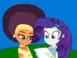 Size: 2000x1500 | Tagged: safe, artist:thebarsection, edit, editor:ktd1993, rarity, saffron masala, equestria girls, g4, my little pony equestria girls: better together, afro, female, geode of shielding, lesbian, magical geodes, raffron, shipping