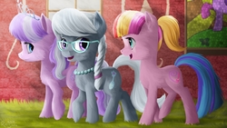 Size: 1920x1080 | Tagged: safe, artist:robin jacks, diamond tiara, silver spoon, toola roola, earth pony, pony, fanfic:the silver standard, g4, fanfic art, female, filly, glasses, jewelry, necklace, pearl necklace, ponyville schoolhouse, smiling, tiara, trio