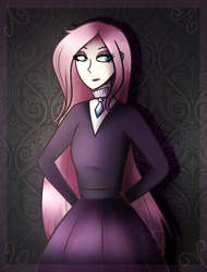 Size: 1144x1504 | Tagged: safe, artist:katedoof, fluttershy, human, fake it 'til you make it, g4, dark background, female, fluttergoth, hands behind back, humanized, solo