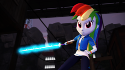 Size: 1920x1080 | Tagged: safe, artist:razethebeast, rainbow dash, equestria girls, g4, my little pony equestria girls: better together, 3d, clothes, female, glowing, looking at you, pants, solo, source filmmaker, sword, weapon, wristband