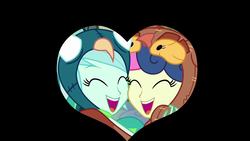 Size: 1920x1080 | Tagged: safe, screencap, bon bon, lyra heartstrings, sweetie drops, human, all's fair in love & friendship games, equestria girls, g4, my little pony equestria girls: friendship games, adorabon, animal costume, best friends, bird costume, bon owl, clothes, costume, cute, duo, duo female, female, happy, heart, hug, laughing, lesbian, lyrabetes, nuzzling, owl costume, peacock costume, ship:lyrabon, shipping, smiling