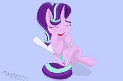 Size: 2872x1907 | Tagged: safe, artist:megaanimationfan, starlight glimmer, pony, unicorn, g4, adorable face, belly, crying, cute, cute smile, cuteness overload, cutie mark, daaaaaaaaaaaw, disembodied hand, eyelashes, eyes closed, female, giggling happily, glimmerbetes, hand, kicking, laughing, mare, open mouth, signature, squirming, starlight gets what's coming to her, tears of laughter, tickle torture, tickling, ticklish tummy, underbelly