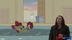 Size: 1334x750 | Tagged: safe, artist:hotdiggedydemon, edit, apple bloom, earth pony, pony, .mov, shed.mov, g4, brian griffin, family guy, female, filly, foal, ohai mark, pony.mov, the room, tommy wiseau, youtube poop