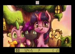 Size: 3207x2307 | Tagged: safe, alternate version, artist:plotcore, owlowiscious, peewee, spike, twilight sparkle, oc, oc:nyx, alicorn, bird, dragon, owl, phoenix, pony, unicorn, g4, adopted offspring, alicorn oc, camera, camera shot, drawthread, family, family photo, female, filly, golden oaks library, high res, looking at you, male, mare, mother and daughter, request, side hug, slit pupils, smiling, updated