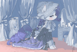 Size: 1800x1200 | Tagged: safe, artist:yanamosuda, rarity, pony, unicorn, g4, blushing, bonnet, braid, clothes, curtains, dress, dresser, female, frilly dress, hair ribbon, hat, lolita fashion, looking at you, mare, pigtails, prone, shoes, smiling, solo, twin braids