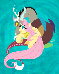 Size: 1000x1250 | Tagged: safe, artist:katseartist, discord, fluttershy, draconequus, pegasus, pony, g4, abstract background, cuddling, cute, discute, duo, eye contact, female, folded wings, hug, looking at each other, male, mare, no pupils, one eye closed, smiling