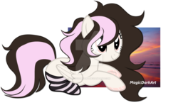 Size: 1024x605 | Tagged: safe, artist:magicdarkart, oc, oc only, pegasus, pony, clothes, female, mare, prone, simple background, socks, solo, striped socks, transparent background, watermark