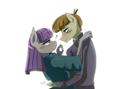 Size: 1954x1388 | Tagged: safe, artist:traupa, boulder (g4), maud pie, mudbriar, earth pony, anthro, g4, the maud couple, blushing, clothes, cute, female, floating heart, heart, looking at each other, male, profile, ship:maudbriar, shipping, simple background, smiling, straight, when he smiles, when she smiles, white background