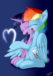 Size: 2480x3507 | Tagged: safe, artist:twidasher, rainbow dash, twilight sparkle, pegasus, pony, unicorn, g4, cuddling, duo, eyes closed, female, heart, high res, lesbian, mare, open mouth, ship:twidash, shipping, signature, sitting, unicorn twilight