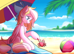 Size: 3073x2233 | Tagged: safe, artist:airiniblock, oc, oc only, oc:bay breeze, crab, pegasus, pony, rcf community, animal, beach, beach ball, bow, cloud, commission, female, hair bow, high res, mare, pinch, sky, solo, water, ych result