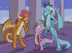 Size: 5000x3737 | Tagged: safe, artist:double-zr-tap, princess ember, smolder, spike, dragon, g4, school daze, absurd resolution, curved horn, digital art, dragon lord ember, dragoness, female, horn, looking at each other, male, standing, standing on heels, trio