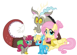 Size: 2880x2088 | Tagged: safe, artist:thecheeseburger, discord, fluttershy, oc, draconequus, hybrid, pony, g4, alternate hairstyle, female, hair bun, high res, interspecies offspring, male, mare, next generation, offspring, parent:discord, parent:fluttershy, parents:discoshy, ship:discoshy, shipping, simple background, straight, transparent background