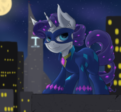 Size: 2000x1850 | Tagged: safe, artist:coldtrail, radiance, rarity, pony, g4, city, clothes, costume, female, full moon, mare, mask, moon, night, power ponies, solo, superhero