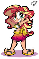 Size: 1470x2205 | Tagged: safe, artist:joeywaggoner, sunset shimmer, human, equestria girls, equestria girls specials, g4, my little pony equestria girls: better together, my little pony equestria girls: forgotten friendship, arm behind head, armpits, belly button, bikini, clothes, feet, female, humanized, looking at you, midriff, sandals, simple background, smiling, swimsuit, tanned, white background