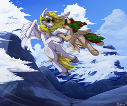 Size: 1280x1067 | Tagged: safe, artist:blackkaries, oc, oc only, pegasus, pony, cloud, flying, frog (hoof), glasses, looking at each other, mountain, underhoof