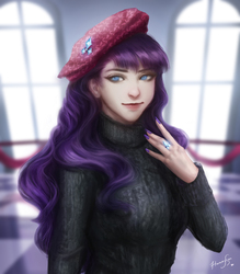 Size: 3500x4000 | Tagged: safe, artist:hammysan, rarity, human, g4, sweet and elite, beatnik rarity, beret, clothes, female, hat, high res, humanized, nail polish, ring, smiling, solo, sweater, turtleneck