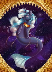 Size: 923x1280 | Tagged: safe, artist:xaneas, oc, oc only, oc:tidal wave, pony, unicorn, chains, female, fish tail, gold, pisces, solo, space, zodiac