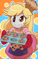 Size: 600x920 | Tagged: safe, artist:ponjii, derpy hooves, equestria girls, g4, apron, clothes, cute, daaaaaaaaaaaw, derpabetes, equestria girls minis, female, food, hnnng, muffin, pony ears, precious, solo, tray, weapons-grade cute