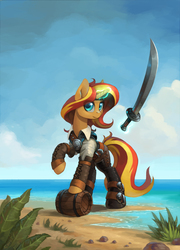 Size: 1962x2727 | Tagged: safe, artist:asimos, sunset shimmer, pony, unicorn, g4, beach, female, glowing horn, horn, magic, mare, ocean, pirate, pirate sunset, raised hoof, rock, sand, shimmer me timbers, solo, sword, telekinesis, water, weapon