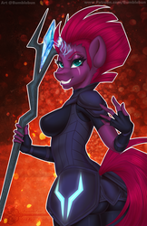 Size: 693x1071 | Tagged: safe, artist:bumblebun, part of a set, tempest shadow, unicorn, anthro, g4, my little pony: the movie, armor, ass, breasts, broken horn, busty tempest shadow, butt, eye scar, female, horn, mare, scar, smiling, solo, staff, staff of sacanas, weapon