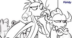 Size: 1200x628 | Tagged: safe, screencap, princess ember, smolder, dragon, pony, g4, school daze, animatic, black and white, claws, dragon wings, dragoness, fangs, female, grayscale, horns, monochrome, open mouth, wings