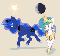 Size: 1416x1333 | Tagged: safe, artist:marsminer, princess celestia, princess luna, alicorn, pony, g4, duo, female, magic, mare, moon, royal sisters, simple background, sun, tan background