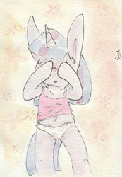 Size: 688x994 | Tagged: safe, artist:slightlyshade, twilight sparkle, pony, unicorn, g4, belly button, bipedal, blushing, camisole, clothes, covering eyes, embarrassed, embarrassed underwear exposure, female, frilly underwear, long ears, panties, solo, starry underwear, traditional art, underwear, white underwear